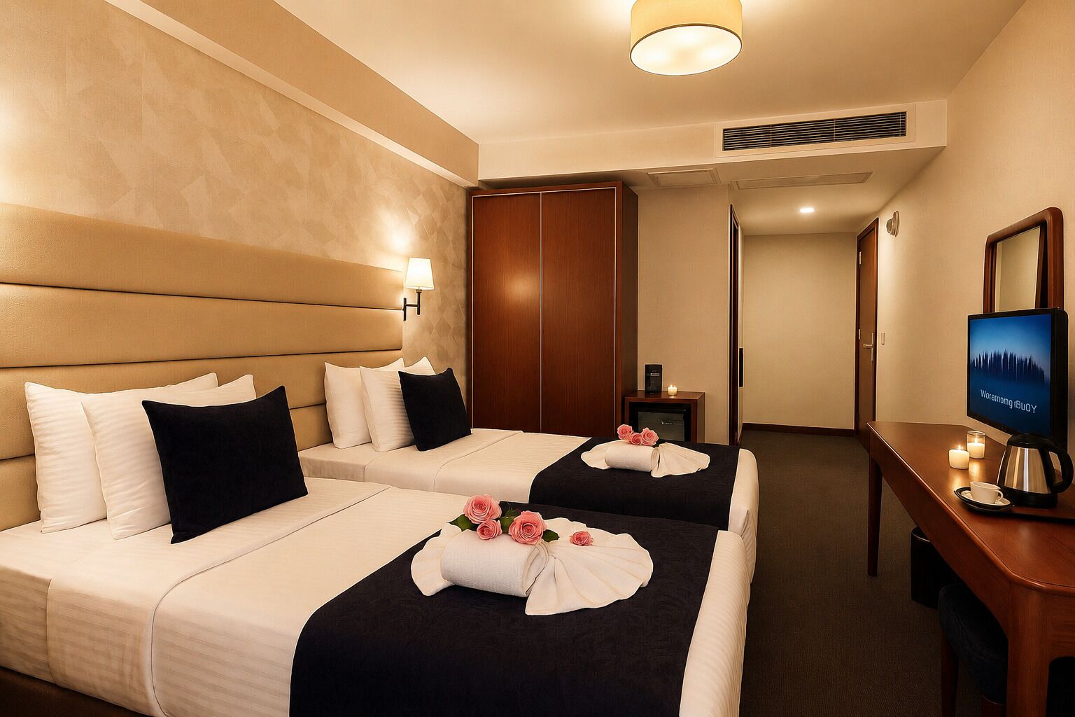 Egyptian cotton sheets, premium bedding, minibar, desk