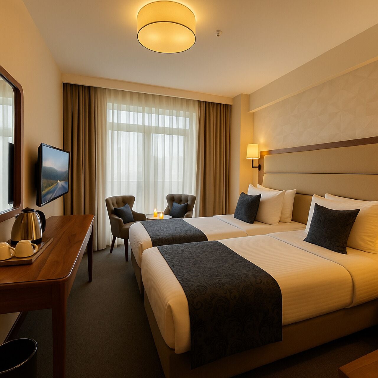 Draps en coton égyptien, literie de qualité supérieure, minibar, bureau