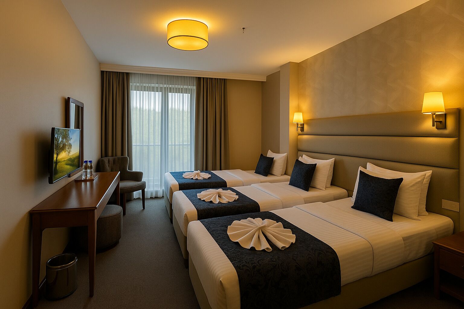 Egyptian cotton sheets, premium bedding, minibar, desk