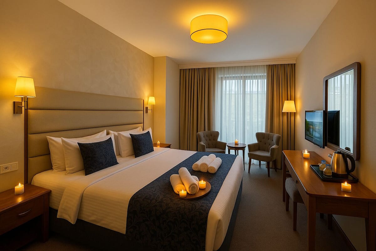 Egyptian cotton sheets, premium bedding, minibar, desk