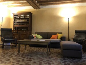 TV, lareira, DVD player, livros