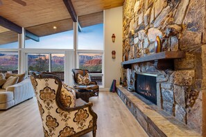 Smart TV, fireplace, foosball