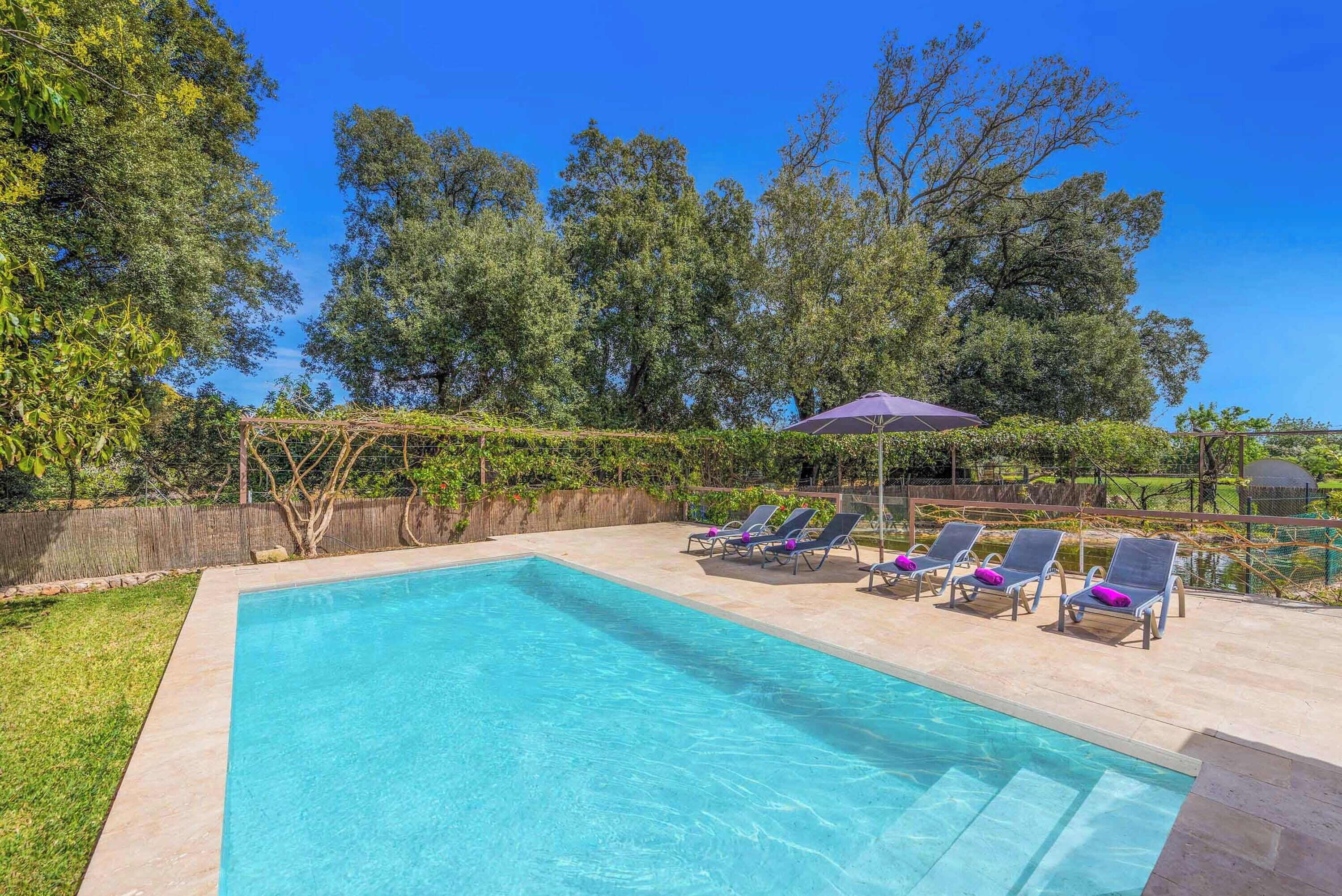 A rectangular swimming pool with clear blue water, surrounded by a tiled deck. There are lounge chairs with purple cushions and a purple umbrella providing shade.