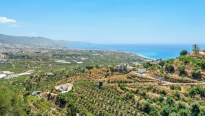 Eine Küstenlandschaft mit Weinbergen, Gebäuden und Blick auf das Meer.