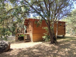 A wooden cabin with a staircase leading to a deck, surrounded by trees.