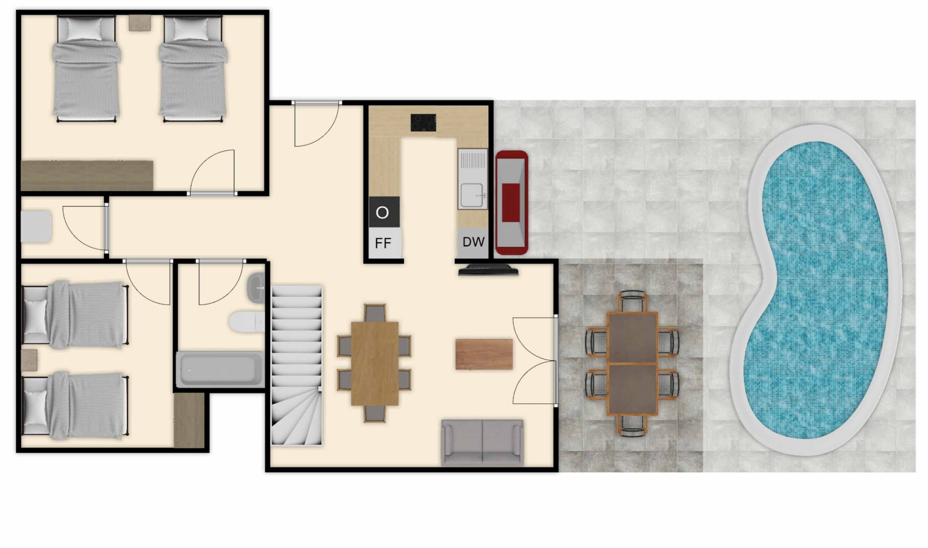 A hotel layout with two bedrooms, a living area, a dining area, and a swimming pool.