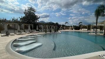 Seasonal outdoor pool, open 8:00 PM to 10:00 PM, pool umbrellas