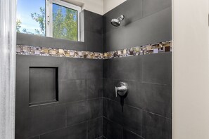 Shower, hair dryer, towels