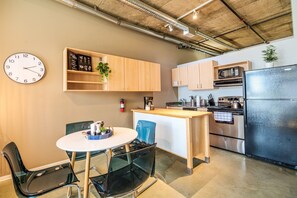 Fridge, microwave, oven, stovetop - Central Station Vivid Loft:Balcony|LRT|Near Rogers (Edmonton)