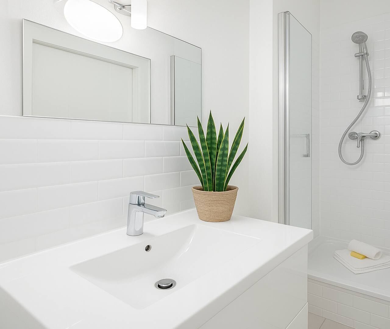 Douche, sèche-cheveux, serviettes fournies, savon