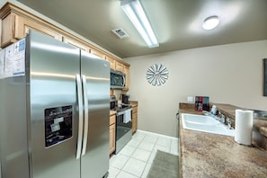 Condo, 2 Bedrooms | Private kitchen | Fridge, oven, coffee/tea maker, toaster - Waterwheel Ww B202 2 Bedroom Condo by RedAwning (New Braunfels)
