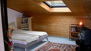 Une chambre confortable située dans les combles, avec un puits de lumière, un lit, une télévision et une bibliothèque.