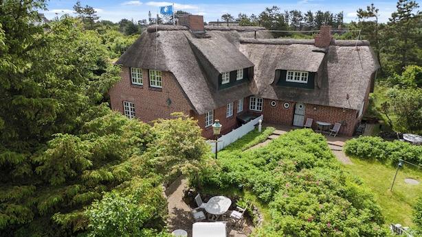 A thatched-roof house with a garden patio area.