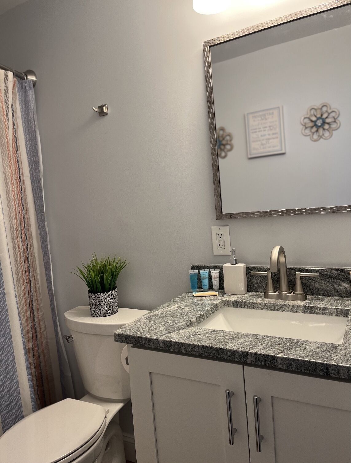 Une salle de bain avec des toilettes, un lavabo et un miroir. On y trouve une plante sur les toilettes, un rideau de douche et des articles de toilette sur le lavabo.