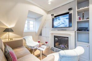 Televisión, chimenea, reproductor de DVD y estéreo 