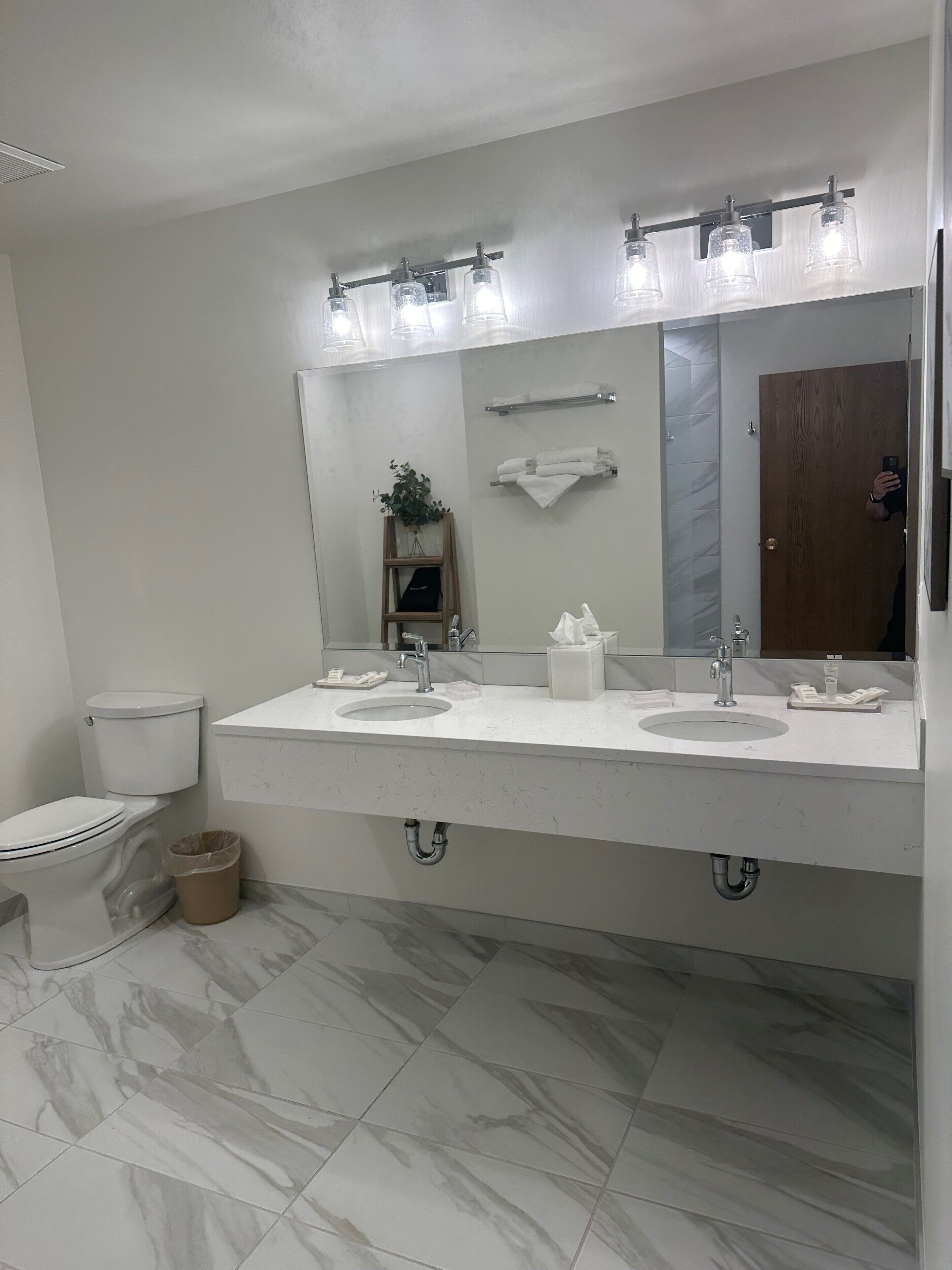 A modern bathroom with a double sink, a large mirror, and a toilet.