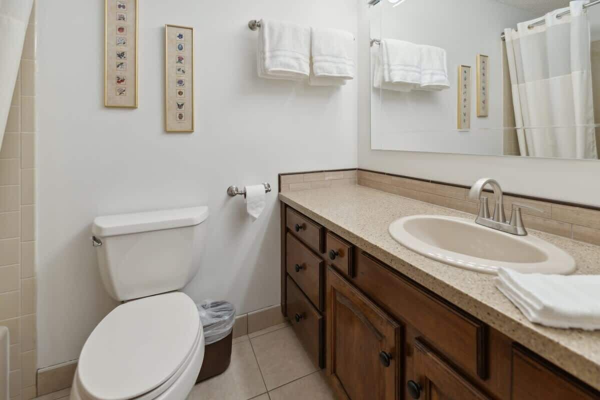 A bathroom with a toilet, sink, vanity, and a mirror.
