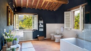 Bañera, secador de pelo, bidé y toallas