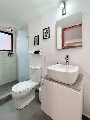 Shower, eco-friendly toiletries, hair dryer, towels