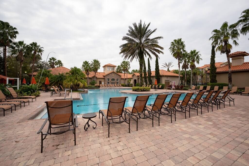 A pool area with lounge chairs and palm trees.