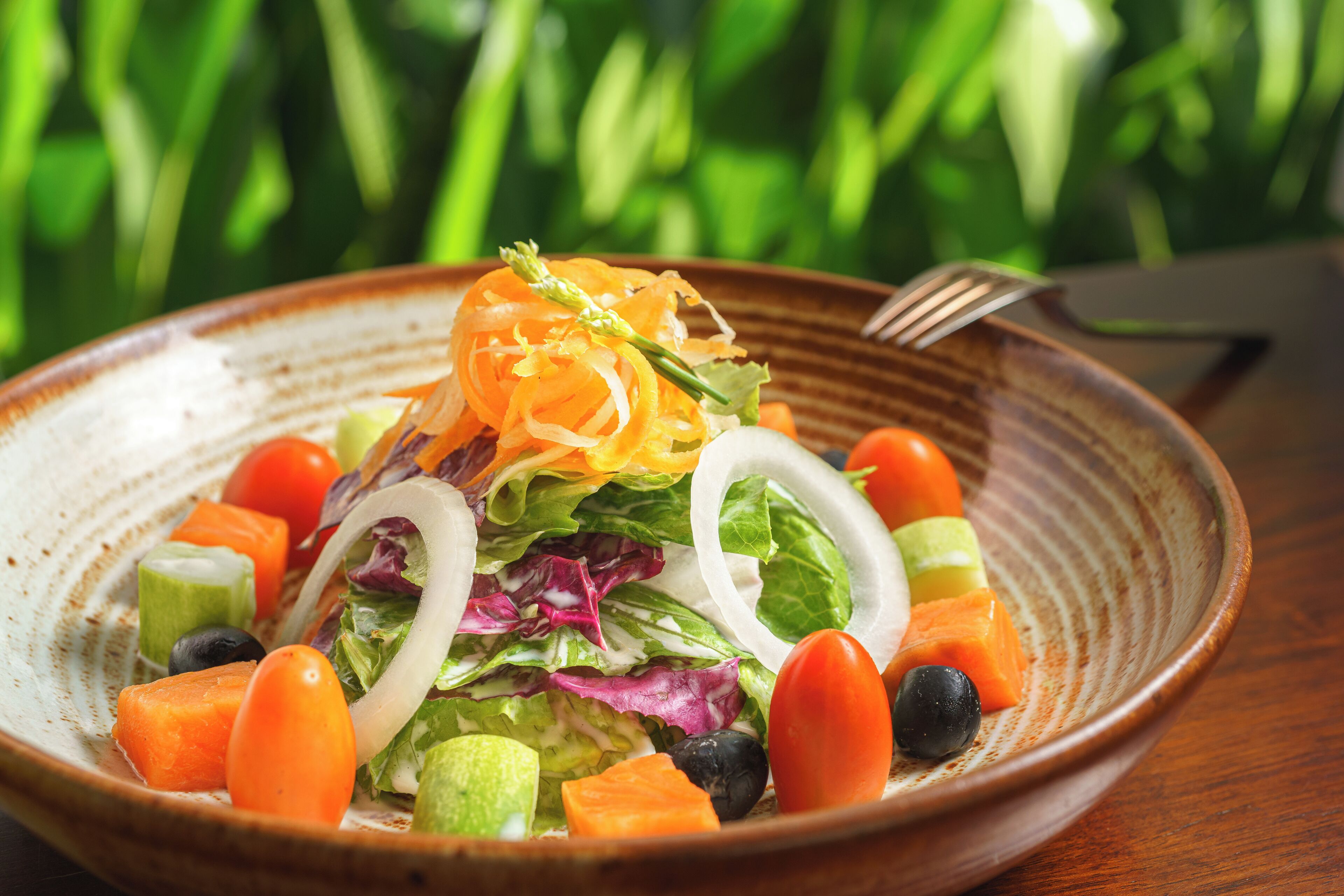 A bowl of salad with various vegetables and a carrot garnish on a ceramic plate.