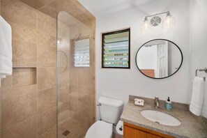 Eco-friendly toiletries, hair dryer, towels, soap