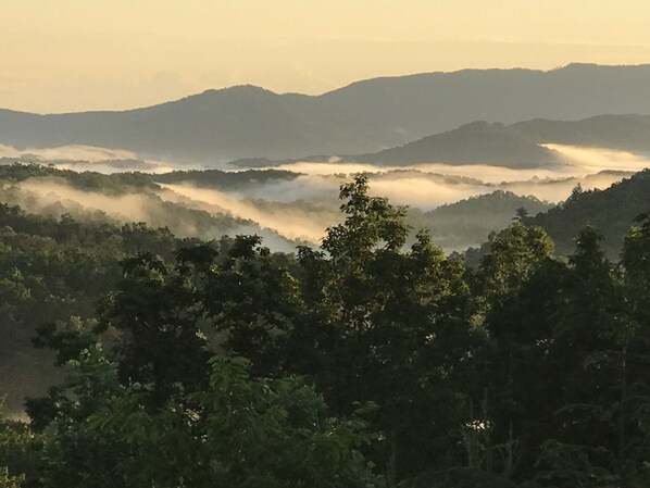Un paysage montagneux, avec une forêt dense et des collines enveloppées de brume.