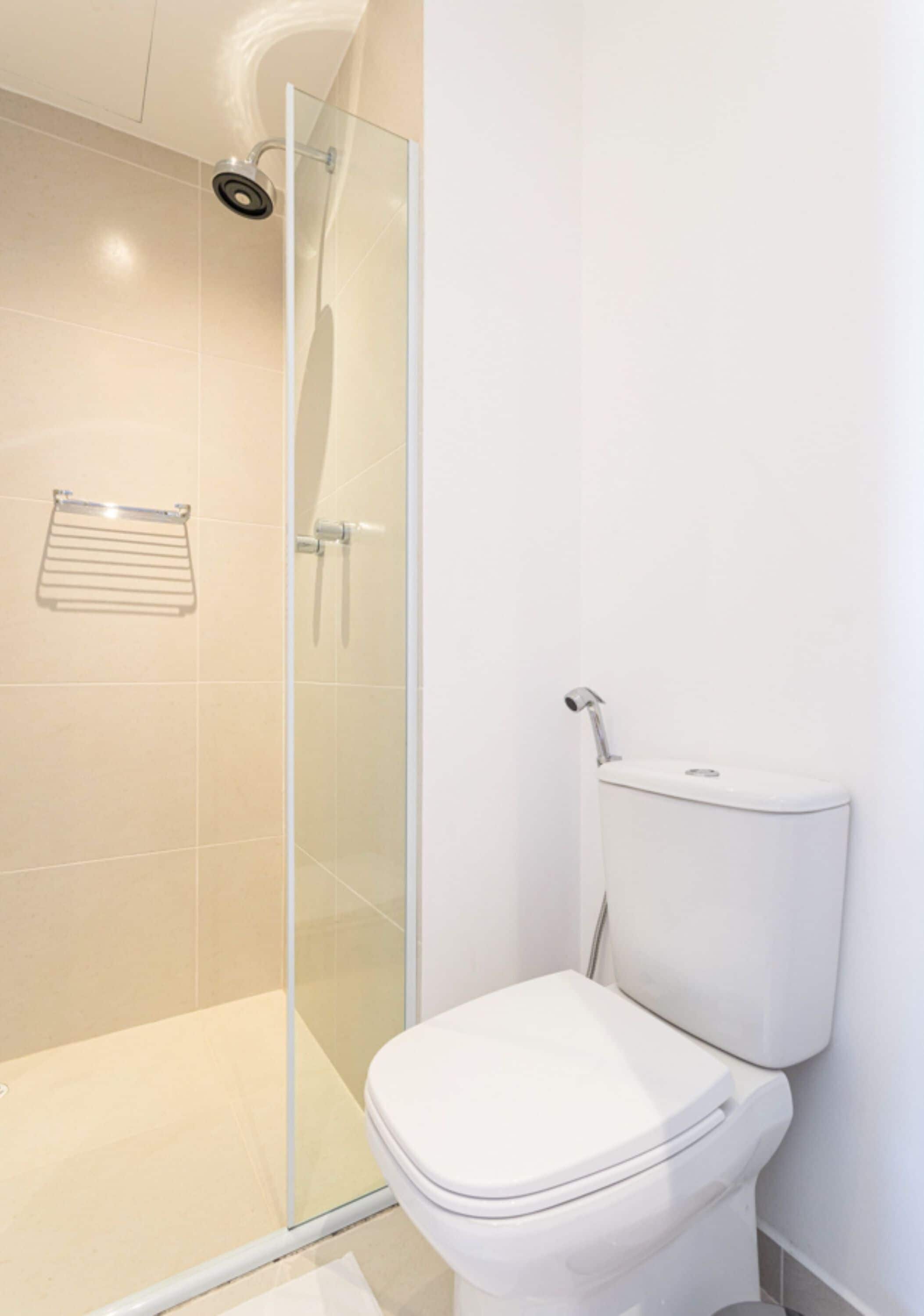 Une salle de bain moderne avec une douche à parois de verre, des toilettes et un porte-serviettes.