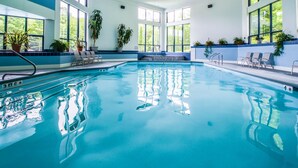 Ein Innenpool mit klarem, blauen Wasser, großen Fenstern und Topfpflanzen.