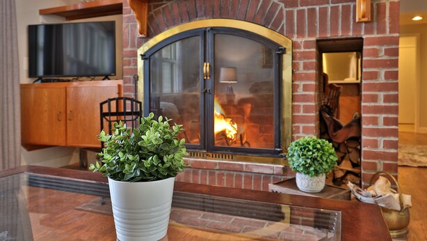 A living room with a brick fireplace, a television on the wall, and two potted plants. - Skiers! Fox Hollow 2br/2ba Condo. Across From Pico, Minutes To Killington 2 Bedroom Condo (Rutland)
