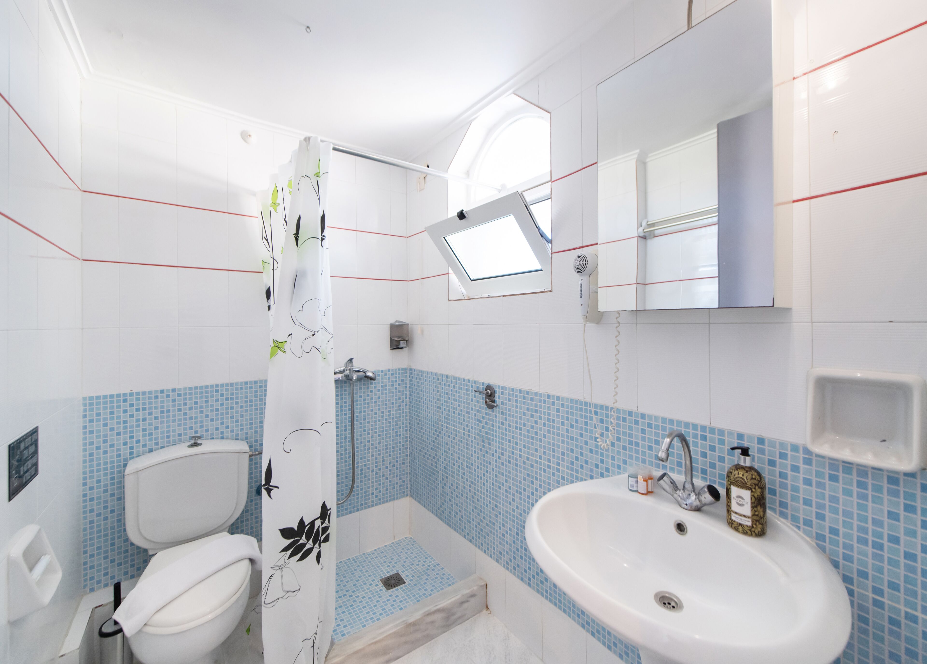 Une salle de bain avec des toilettes, une douche et un lavabo.