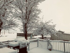 A snow-covered outdoor area with a wooden fence, a metal gate, and a building in the background.