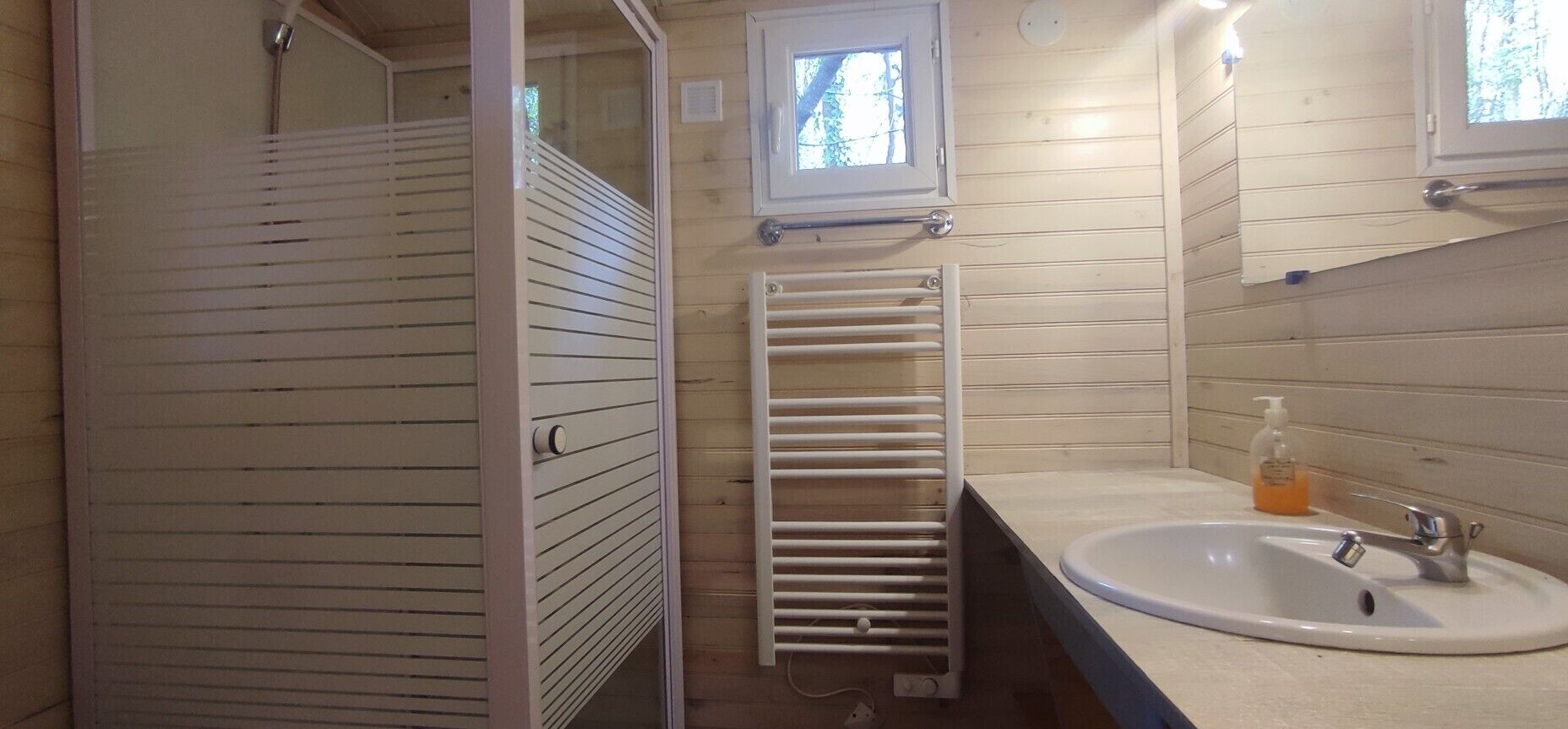 Shower, hair dryer, soap, toilet paper