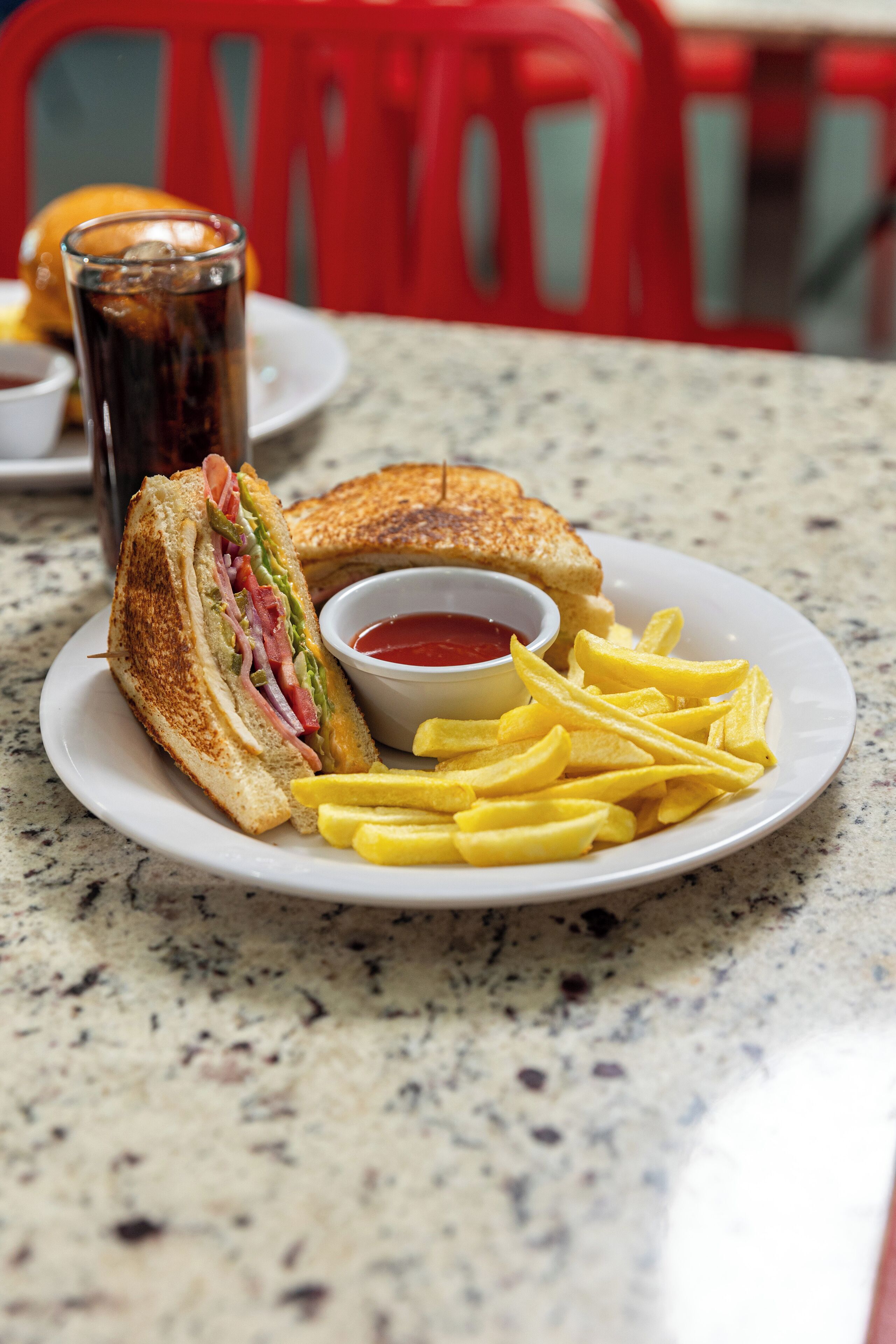 Un plato con un sándwich a la parrilla, papas fritas y un vaso de refresco.