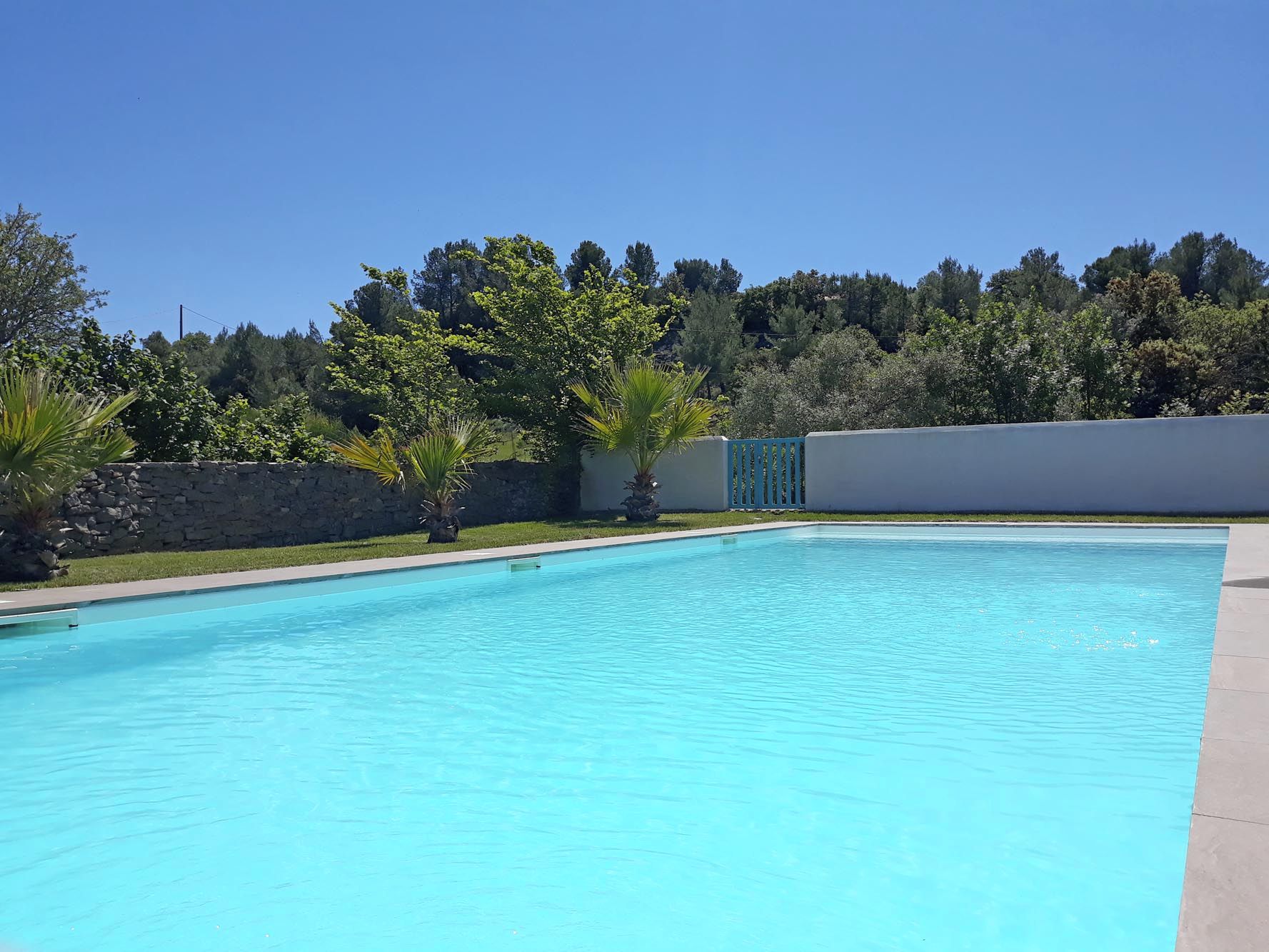 A clear blue swimming pool surrounded by a stone wall and greenery.