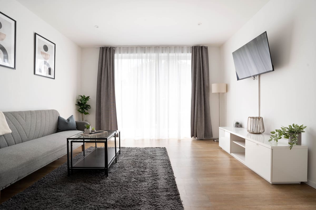 Un salon moderne avec un canapé gris, une table basse, un téléviseur posé sur un meuble et une plante sur une commode blanche.