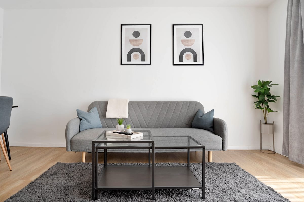 Un salon moderne avec un canapé gris, une table basse en verre et un tapis gris. Deux tableaux encadrés ornent le mur, ainsi qu’une petite plante et un rideau gris.