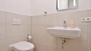 A bathroom with a toilet, a sink, and a mirror.
