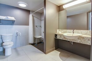 Kamar Ekonomi, 1 Tempat Tidur Queen, akses difabel, lantai dasar | Kamar mandi | Perlengkapan kamar mandi ramah lingkungan, pengering rambut,  dan handuk
