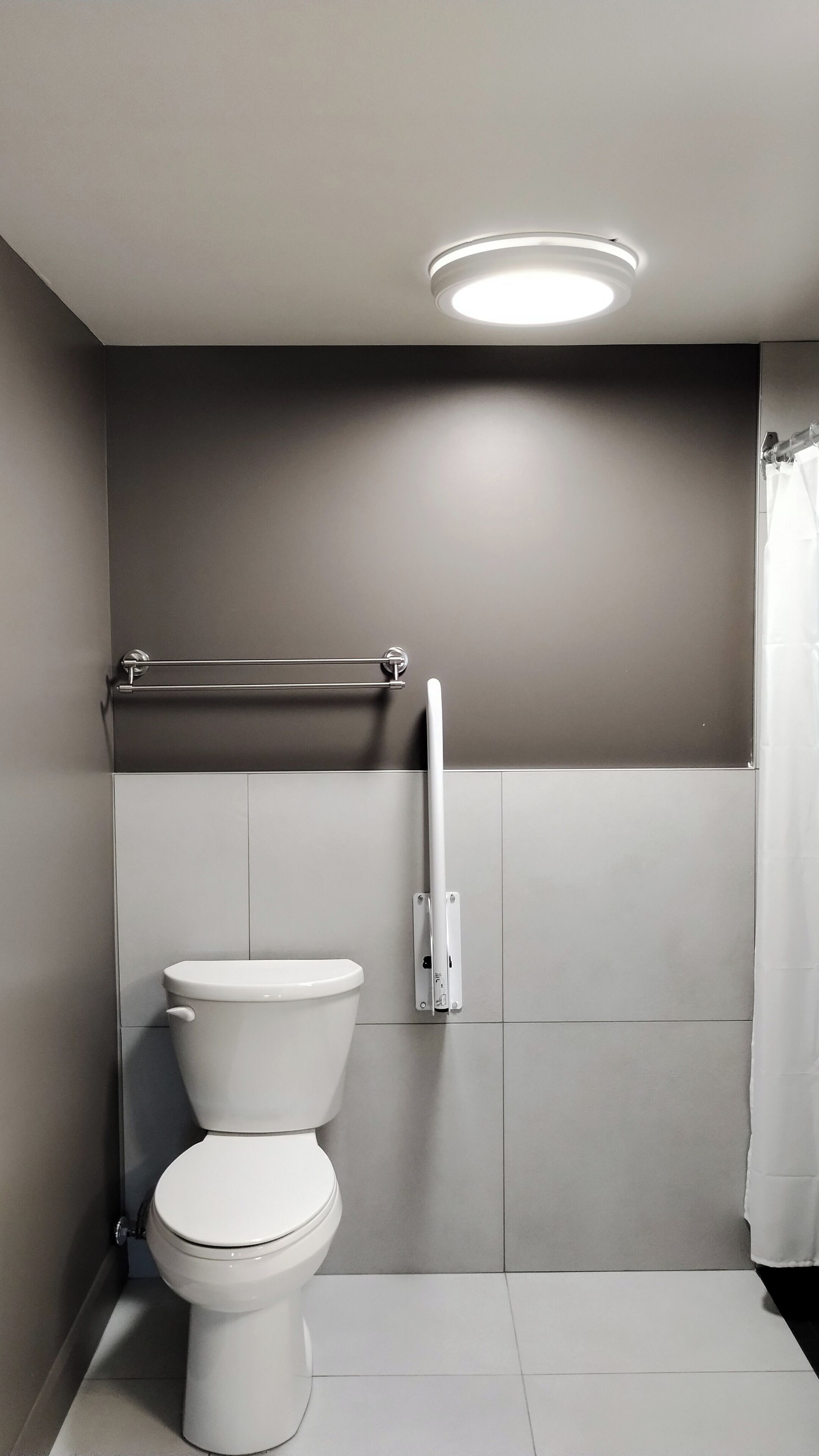 Ein modernes Badezimmer mit Toilette, einer Haltestange und einer Duschvorhang.