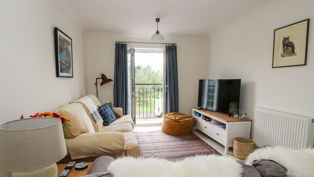 A living room with a sofa, a TV, a lamp, and a view of the outdoors. - 30 Poplar Close (Shrewsbury)