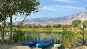 A serene lakeside scene with three blue kayaks and a green kayak by the water's edge, surrounded by trees and a mountain backdrop.