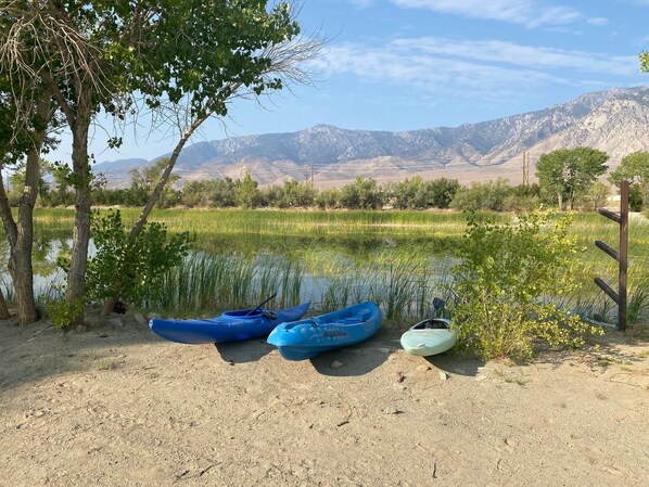 Una escena tranquila junto al lago, con tres kayaks azules y uno verde a la orilla, rodeado de árboles y una montaña al fondo.