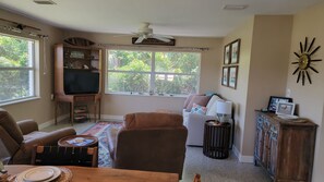 Smart TV, DVD player, books, music library