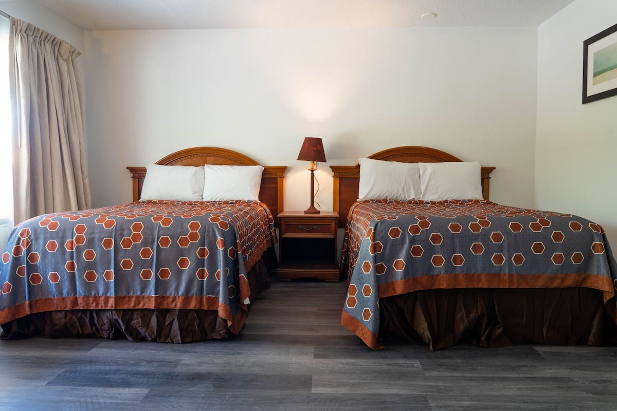A hotel room with two single beds, a nightstand, a lamp, and a window with curtains.