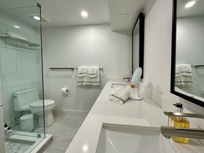 Shower, hair dryer, towels, soap