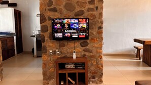 Paret de pedra amb un televisió de pantalla plana penjada sobre una prestatgeria de fusta plena de llibres.