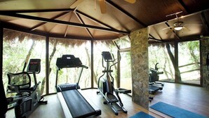 A gym with treadmills, elliptical machines, and exercise mats, featuring large windows and a wooden ceiling. - Villa la Sugherella Tuscany sea, swimming pools spa family golf horse gym kneipp (Gavorrano Toscana)