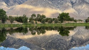 A calm lake reflecting mountains and sparse vegetation. - Eastern Sierras Olancha Lakeside RV Campsite #6 (Olancha)