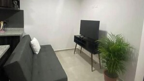 A living room with a sofa, a television on a stand, a potted plant, and a kitchen area with cabinets.